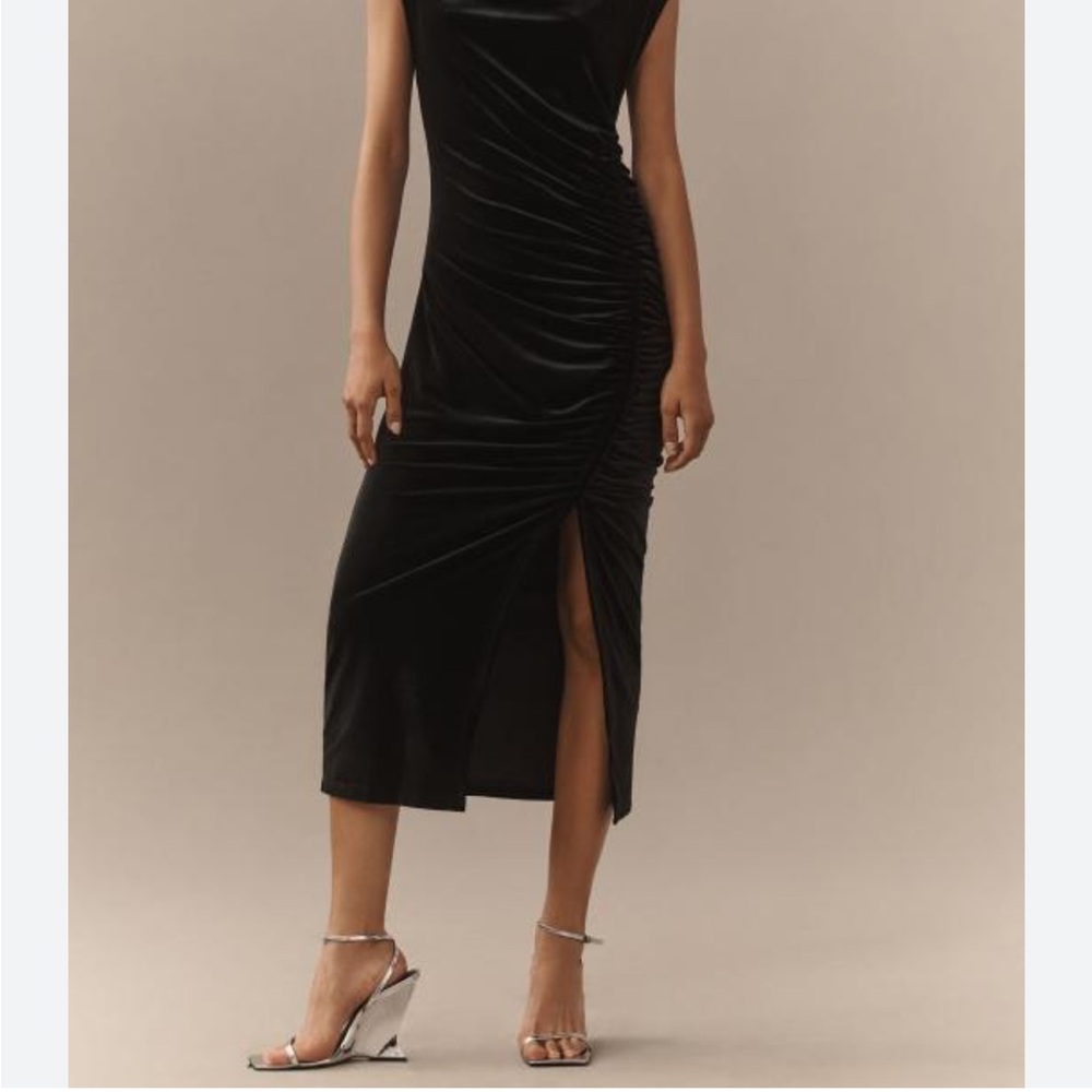 Anthropologie Black Ruched Midi Dress